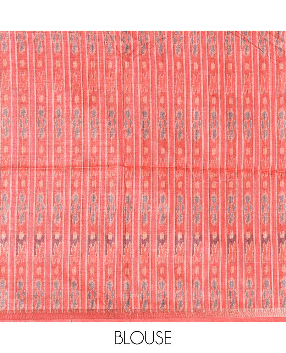 Chikku and orange Radha motifs printed katan silk saree, contrast temple border, ikkat motifs woven pallu, and contrast printed pallu