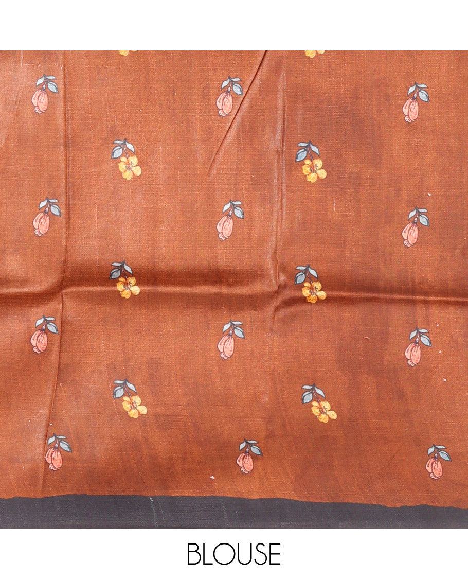 Brown diagonal stripes printed saree, contrast floral creeper printed border, and floral printed pallu