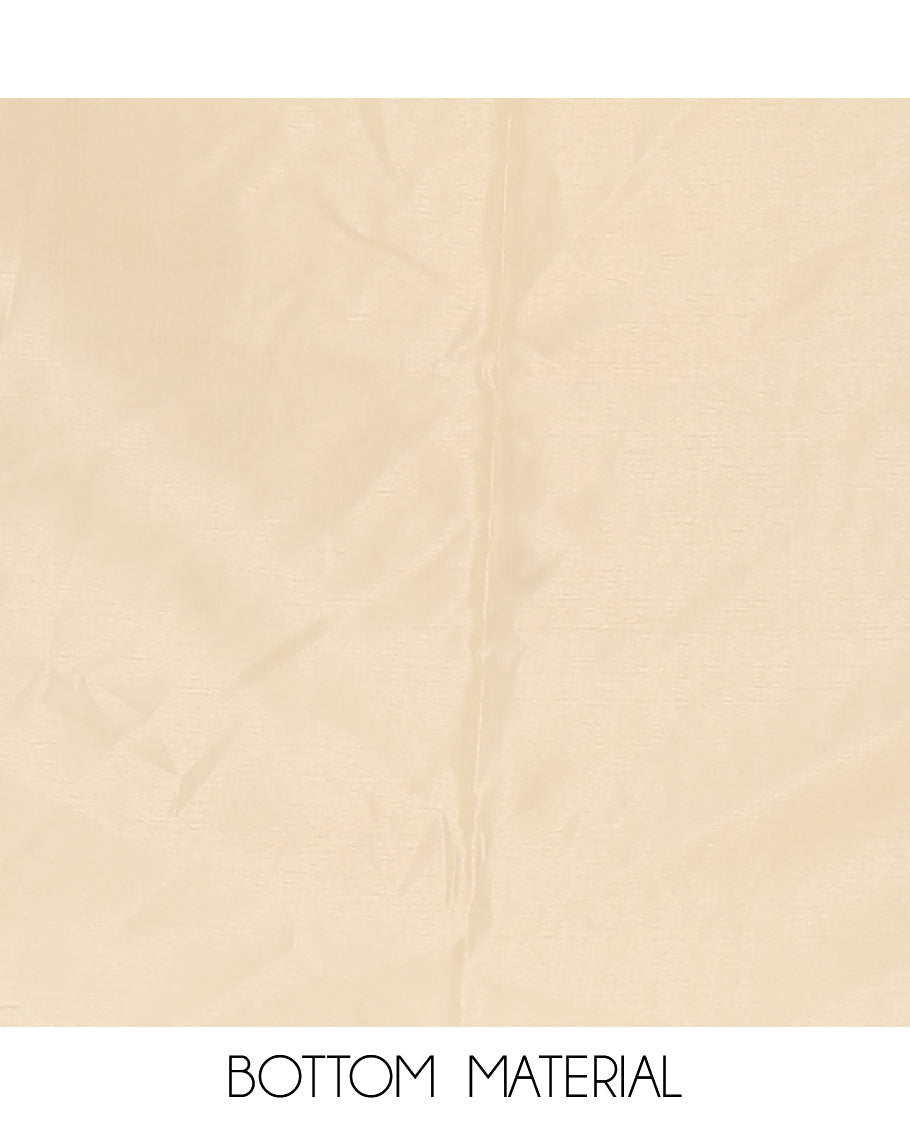 Kerala cream chudidar material set, zari buttas woven taffeta silk top, plain cream santoon bottom & floral zari woven dupatta