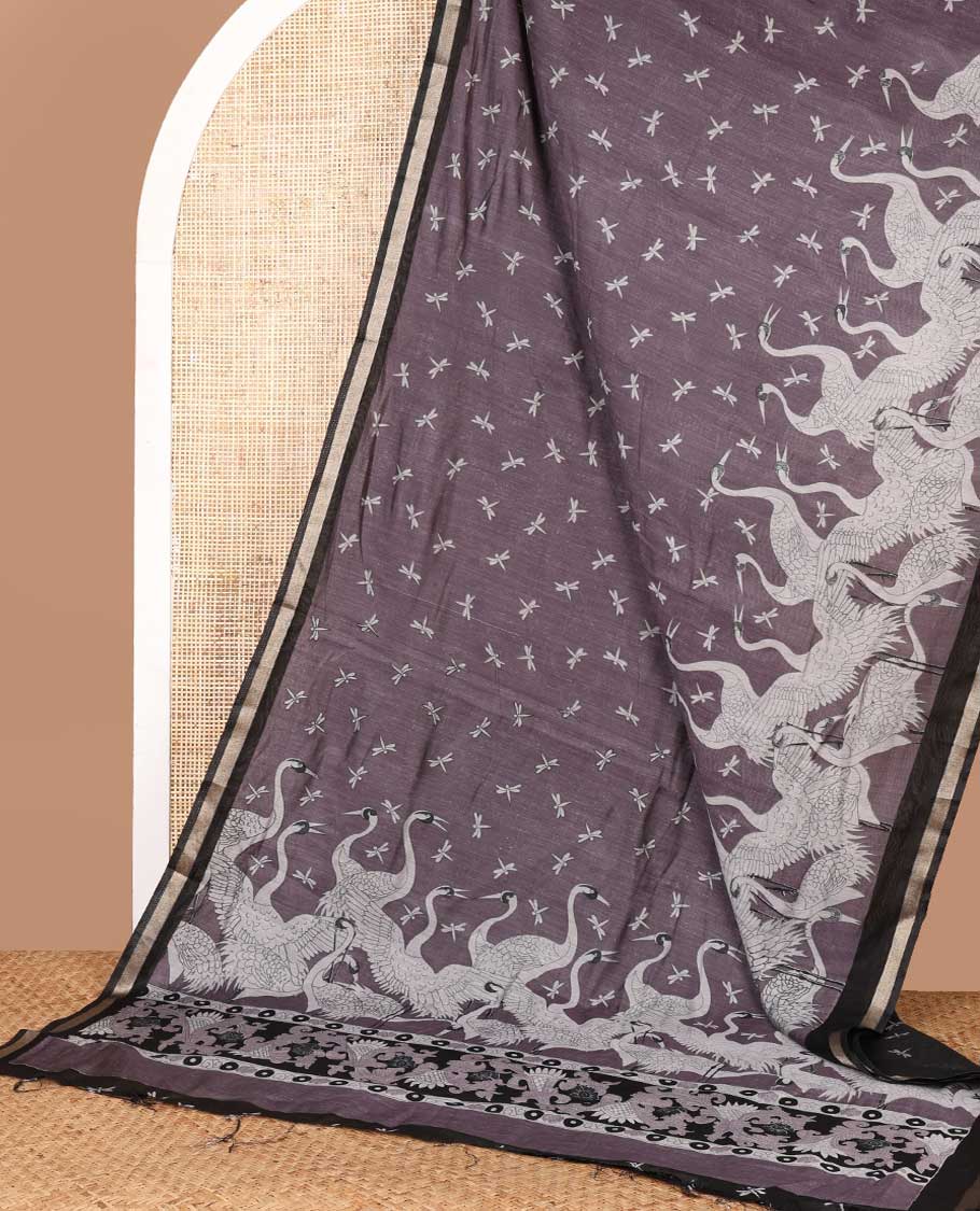 Grey drangon fly, creane digital print muslin cotton saree with zari border & printed pallu along with dragon fly printed blouse