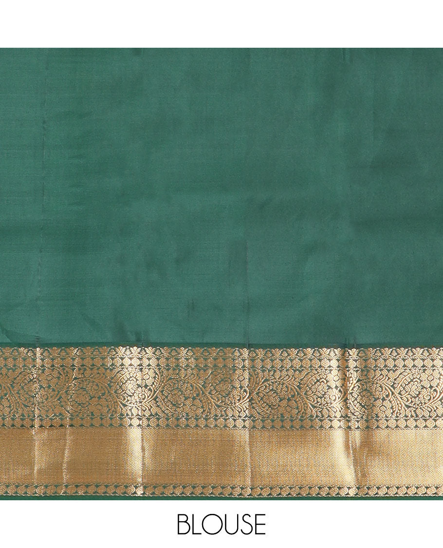 Peach floral design kancheepuram silk saree with contrast border of intricate zari design border & floral design pallu