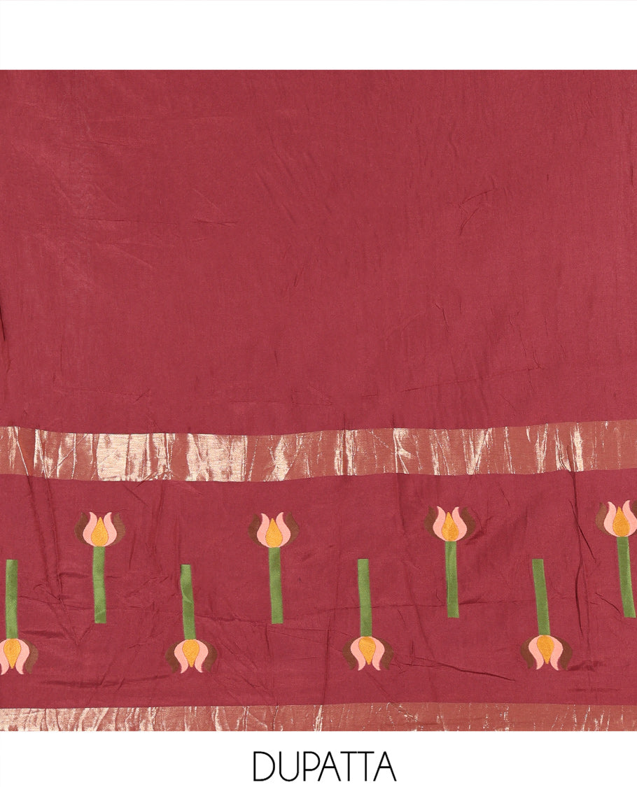 Maroon Mul Chanderi Material Chudidar Features Jamdani-Floral Top, Plain Bottom, Jamdani-Floral Dupatta