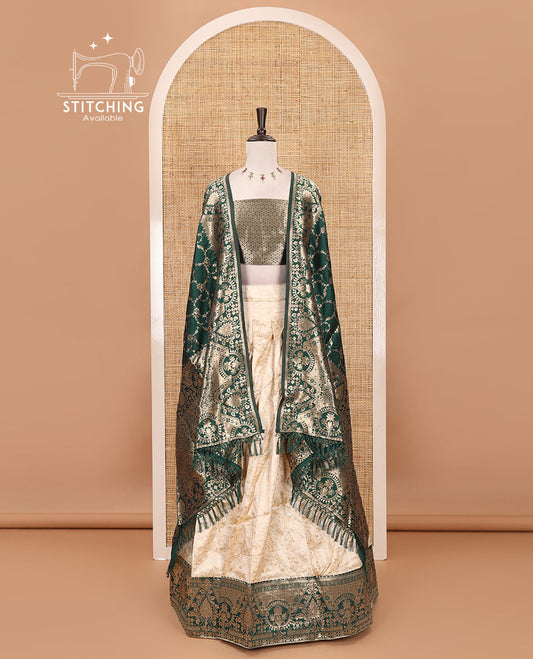 Cream-bottle green semi-banaras half-saree, floral jaal jacquard & contrast traditional zari border skirt, floral jacquard blouse & contrast zari design blouse