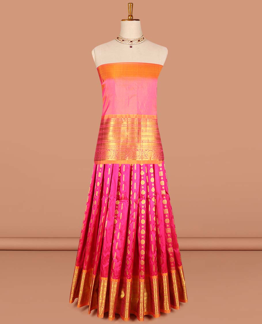 Pink floral buttas pure silk half saree with contrast intricate zari design border, zari design blouse & intricate floral design dhavani
