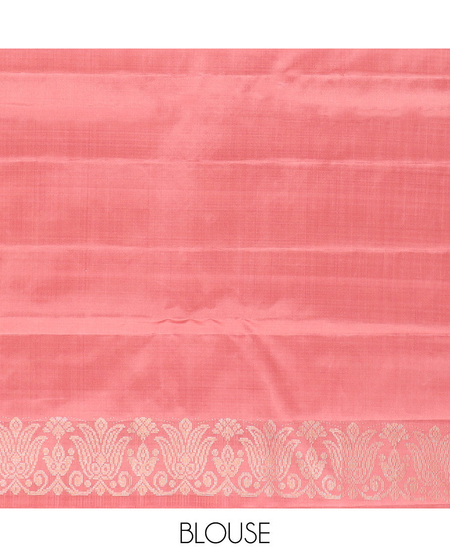 Borderless Peach floral design kancheepuram silk sareee with geometric design pallu