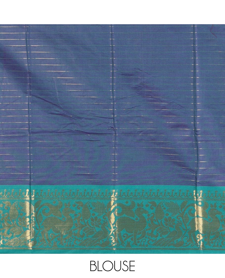 Violet zari checked semi-taffeta silk saree, contrast deer motifs zari woven border, striped pallu & contrast striped zari border blouse