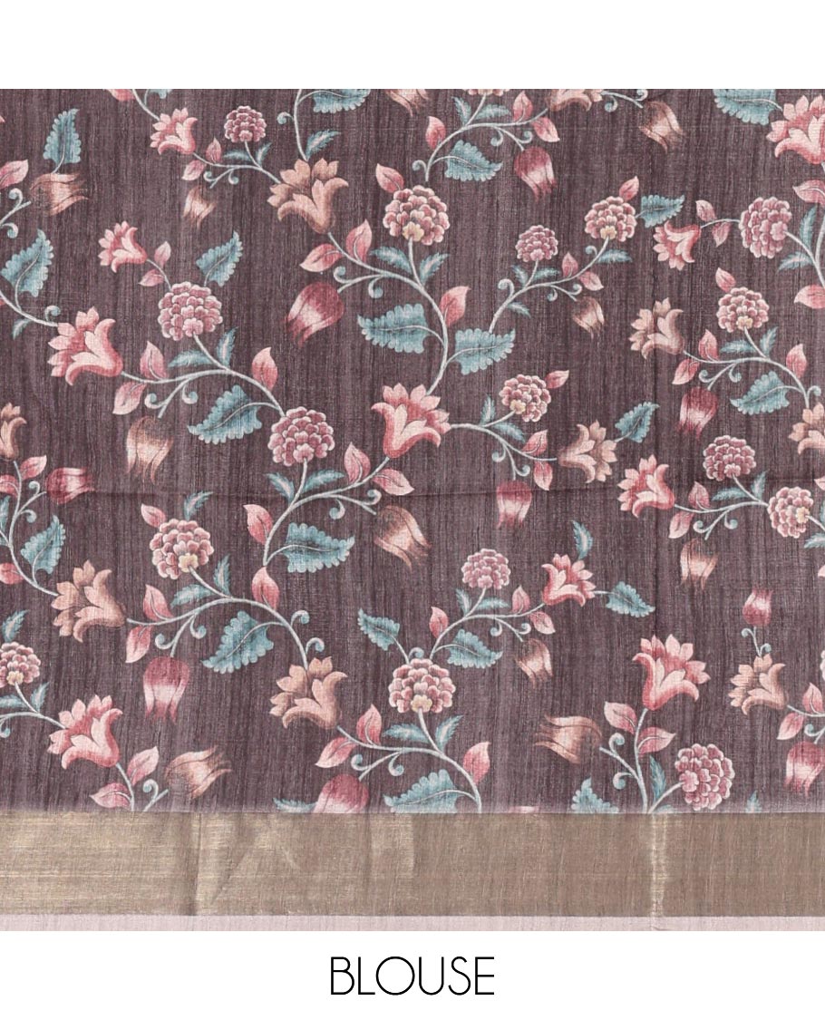 Black vertical stripes printed hand-brush dyed Katan silk saree, gold zari bavanji border, Madhubani-style human figurines printed pallu, and floral printed blouse