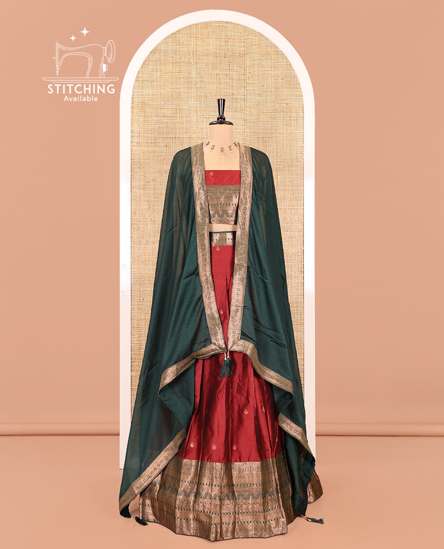 Maroon Semi-Banarasi Half-Saree Featuring Buttas Skirt, Contrast Traditional Border, Matching Blouse, Satin Georgette Dhavani