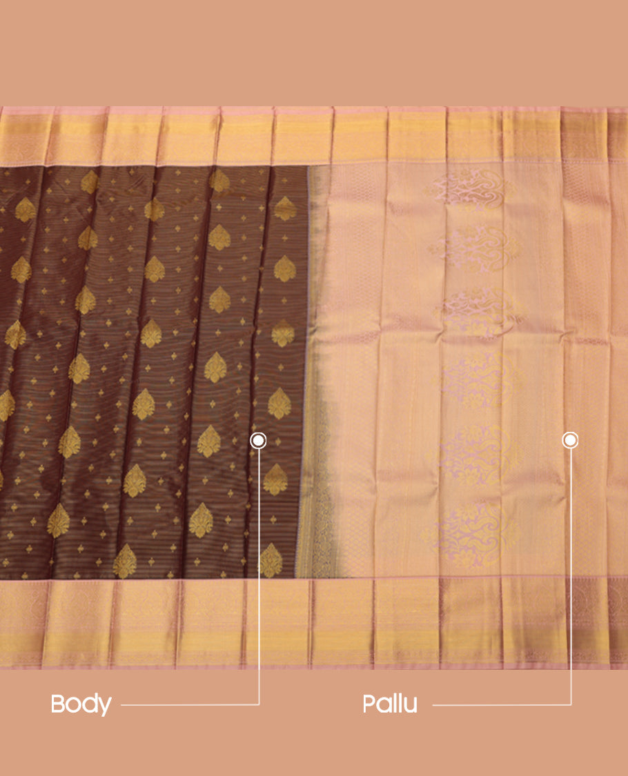 Brown Budget Silk Saree, Richly Detailed with Zari Buttas, Complemented by a Contrast Traditional Zari Border, Grand Pallu, and a Contrast Blouse