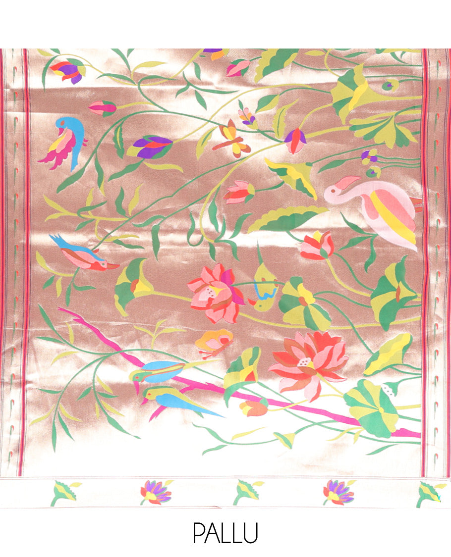 Purple Paithani Art Silk Saree, Embellished with Flower Buttas All Over Its Body, Highlighted by Zari Temple Border Pictures Colorful Flora-Fauna Designs, Pallu Depicts Colorful Floral and Bird Designs, and Paired with a Matching Blouse