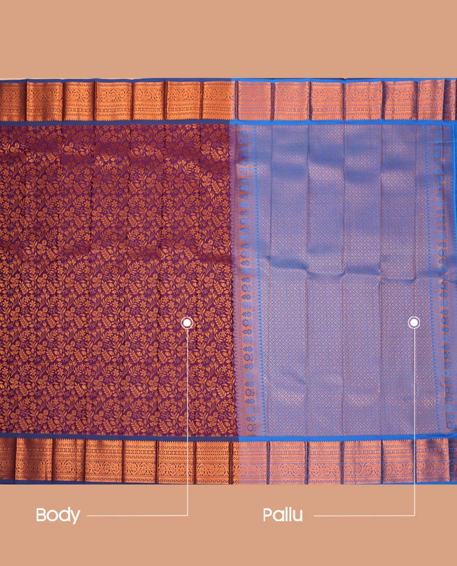 Purple Budget Silk Saree, Embellished with Floral Vine Design, Complemented by Contrast Traditional Floral Creeper Zari Border, a Jaal Pallu and a Contrast Blouse
