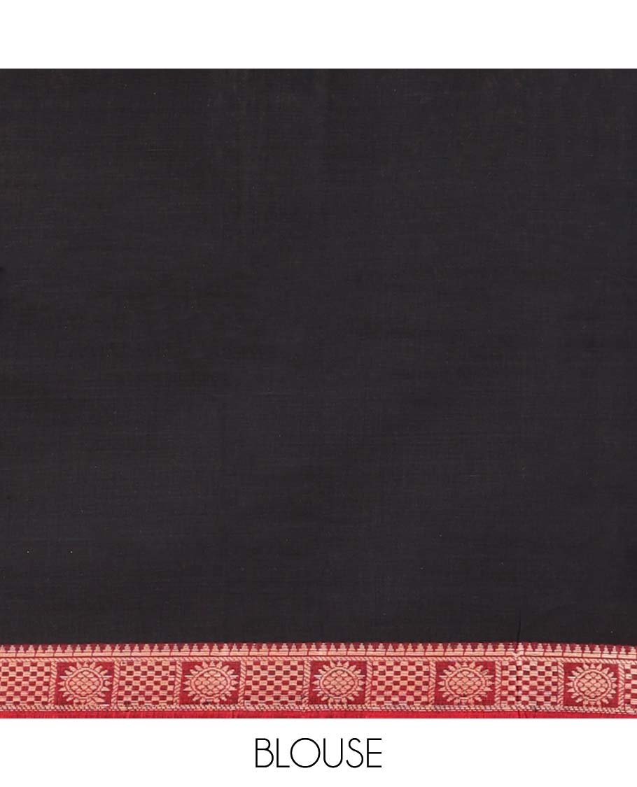 Black plain Narayanapet cotton saree, contrast chakram and bentex design border & striped pallu