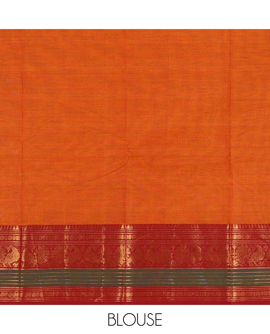 Grey plain Chettinad cotton saree, contrast zari border of temple, rudraksham & annam motifs, striped pallu & matching blouse of zari border