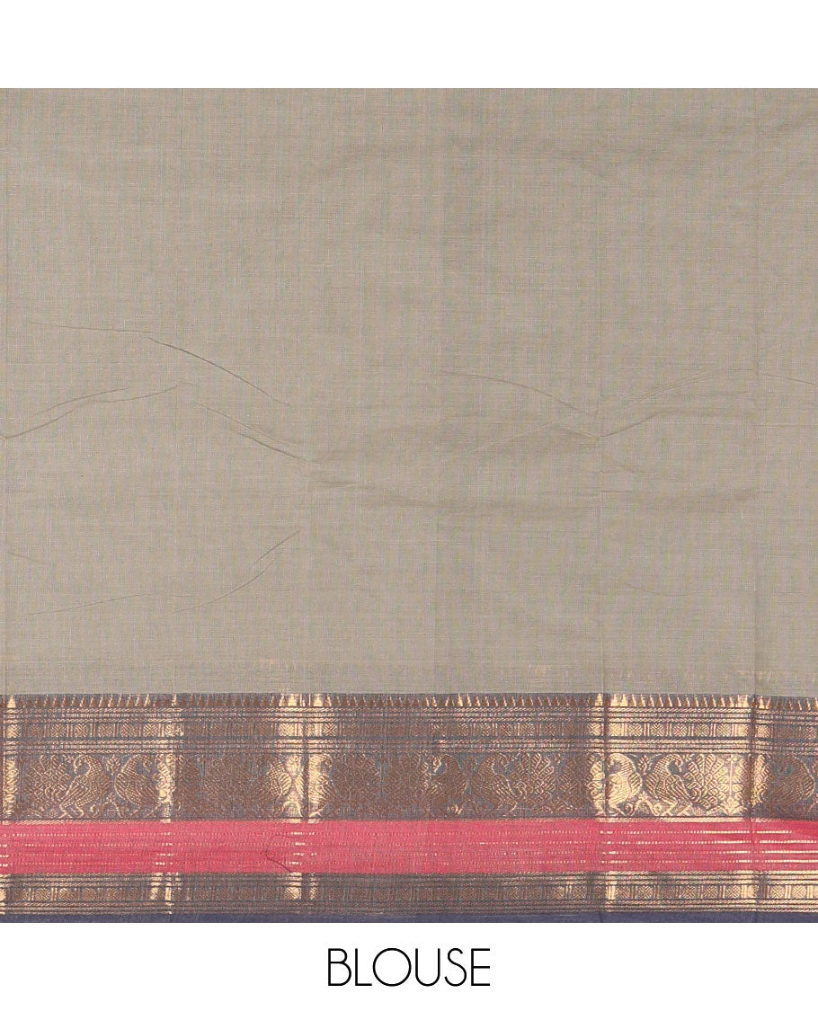 Light grey plain Chettinad cotton saree, contrast rettai rettu annam and temple motif zari border, striped pallu, and matching blouse