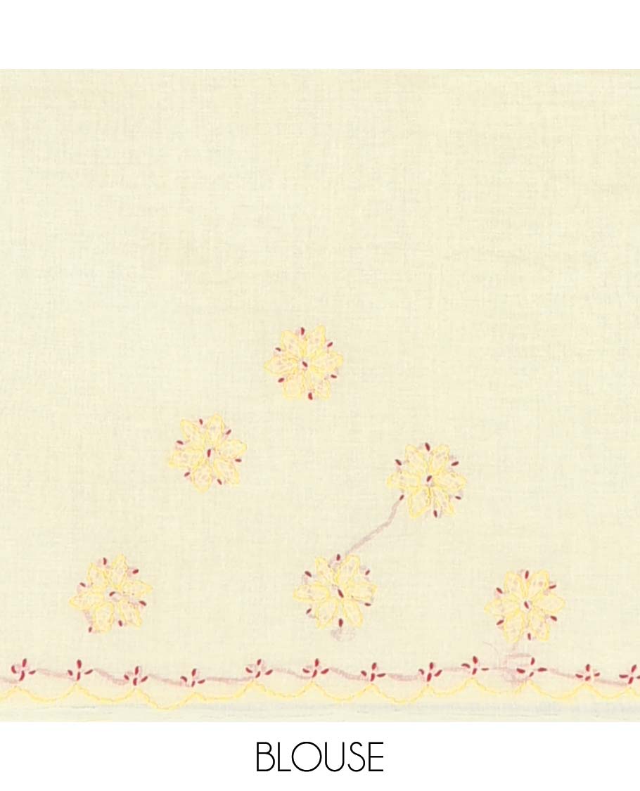 Yellow floral embroidery lucknowi chikankari cotton saree,self-border & pallu of floral & paisley embroidery