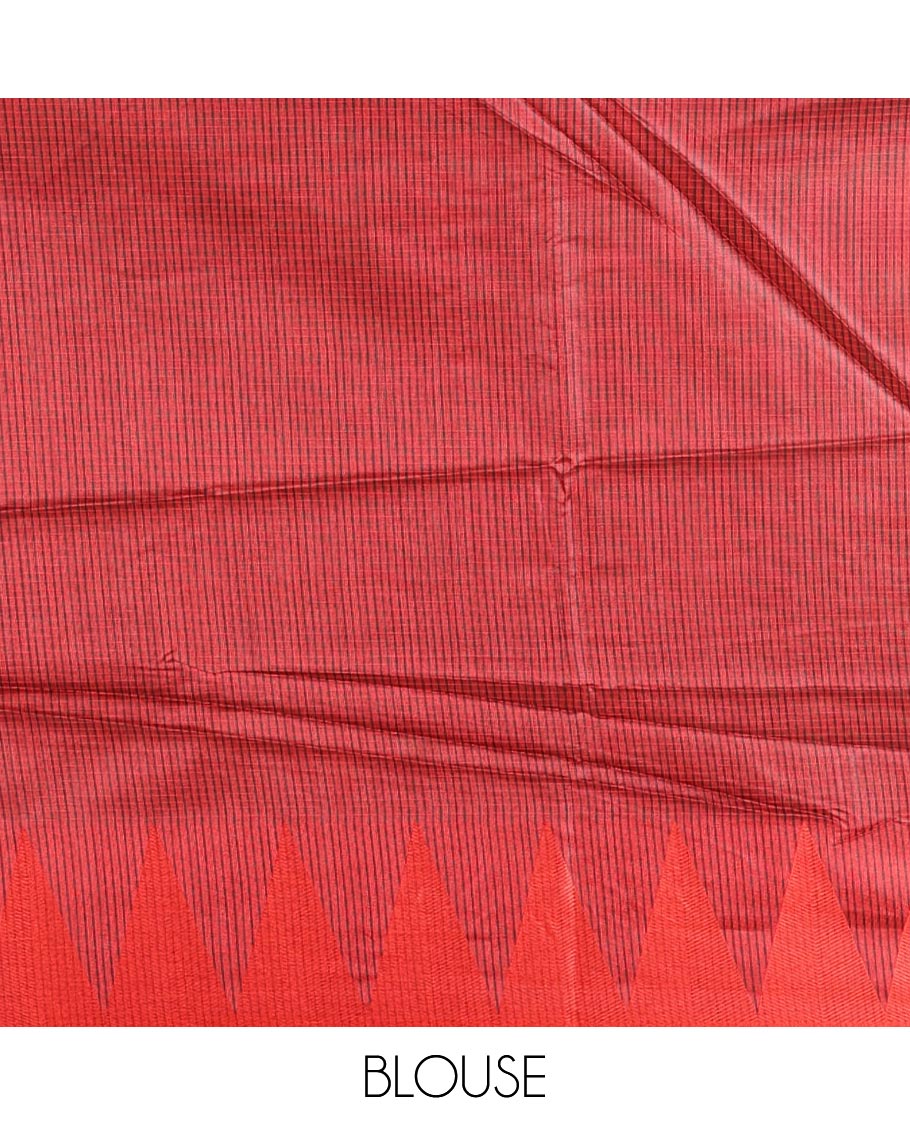 Black sparsely striped semi-tussar saree, contrast temple red border, striped pallu, and contrast blouse