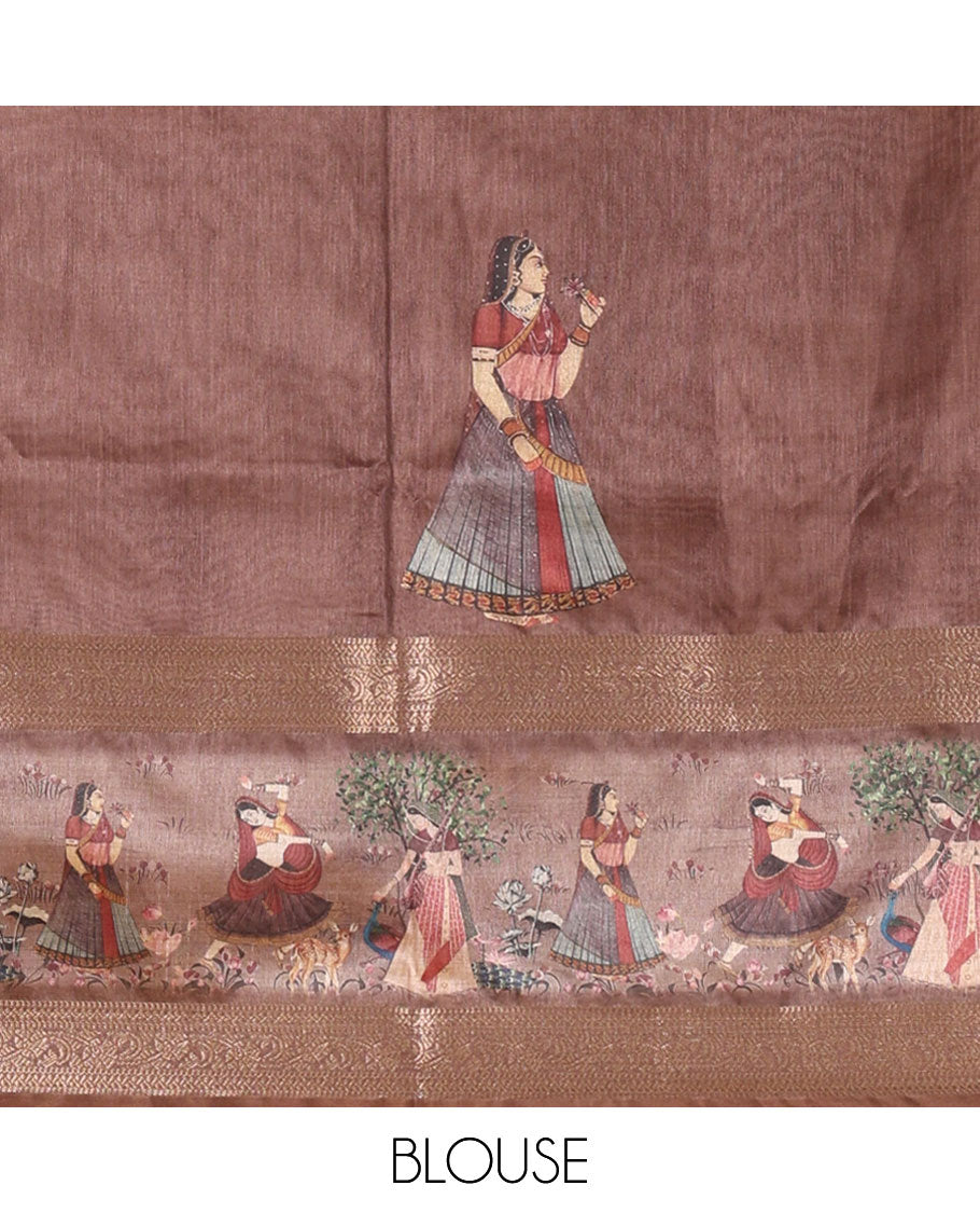 Rust ancient human motifs printed semi-tussar saree, traditional rettai pettu border of human motifs print, printed pallu & running blouse