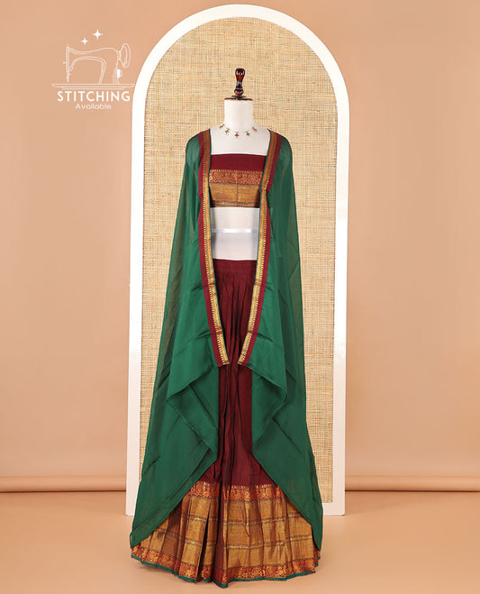 Maroon Mercerised cotton half-saree, plain & contrast traditional zari border skirt, matching traditional border blouse & contrast zari border dhavani