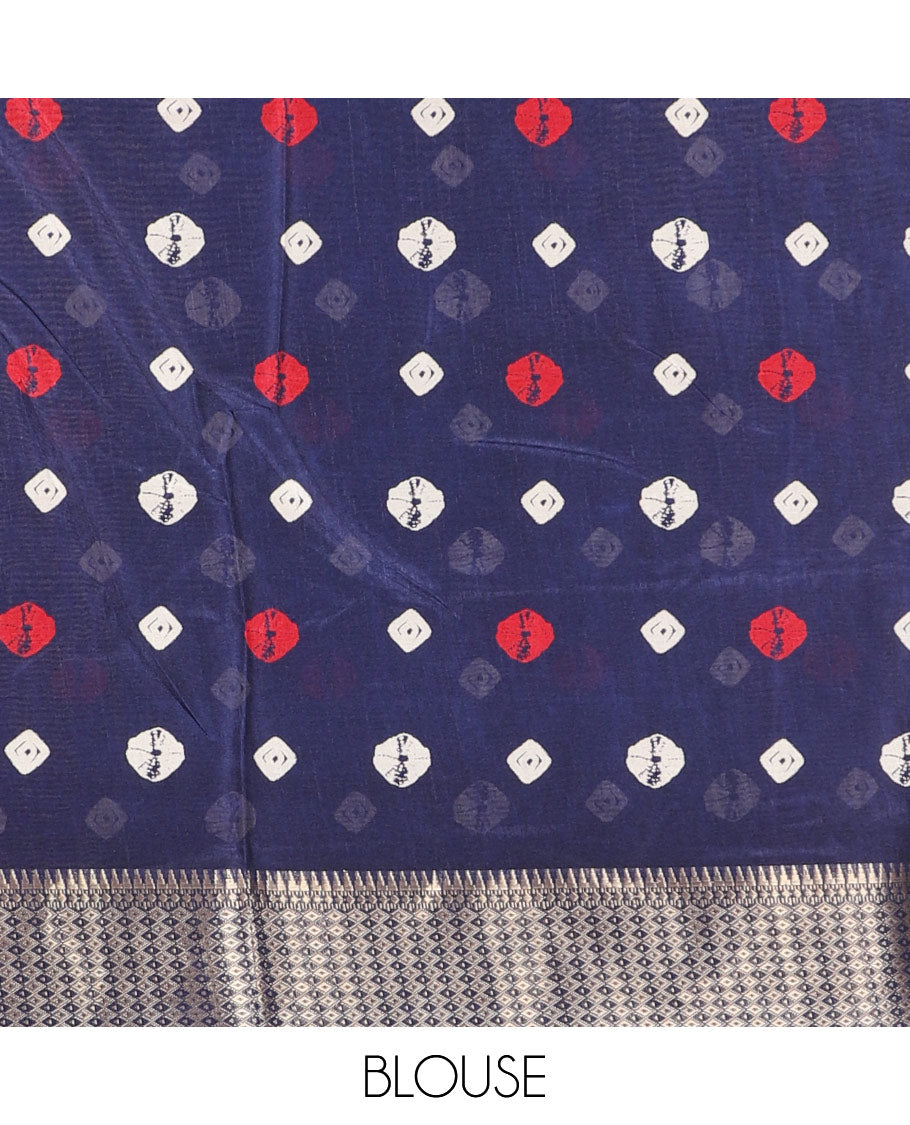 Navy blue shibori printed dola silk saree, traditional zari border, printed pallu, and blouse of print, and zari work