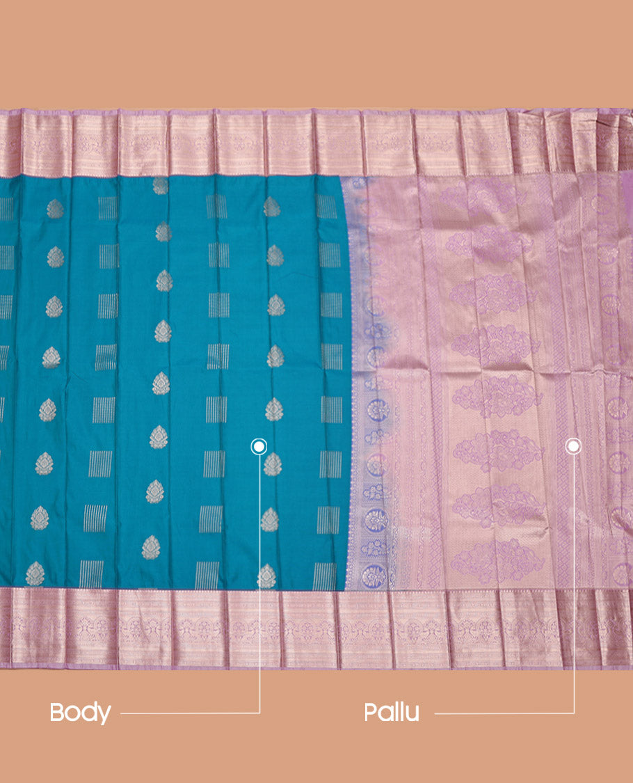 Blue Budget Silk Saree, Subtly Woven with Zari Buttas All Over Its Body, Complemented by a Contrast Traditional Zari Design Border, Grandly Zari Woven Pallu, and Paired with a Contrast Blouse