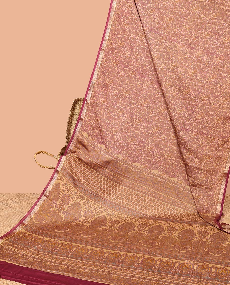 Sandal intricate paisley vine semi-banaras printed saree, contrast zari border & intricate printed pallu