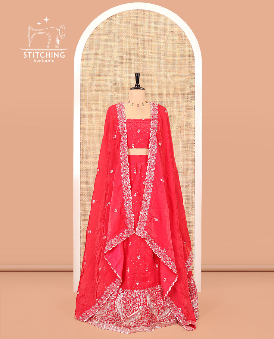 Red Fendi Organza Half-Saree, with Embroidered Buttas on Its Skirt, Embroidered Scallop Border, Paired with a Matching Blouse, and an Embroidered Fendi Organza Scallop Dhavani