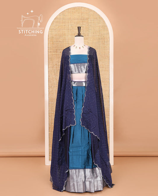 Peacock blue-navy blue taffeta silk half-saree, plain & contrast temple & kathir boder skirt, matching blouse & contrast stonework scallop border syska georgette dhavani