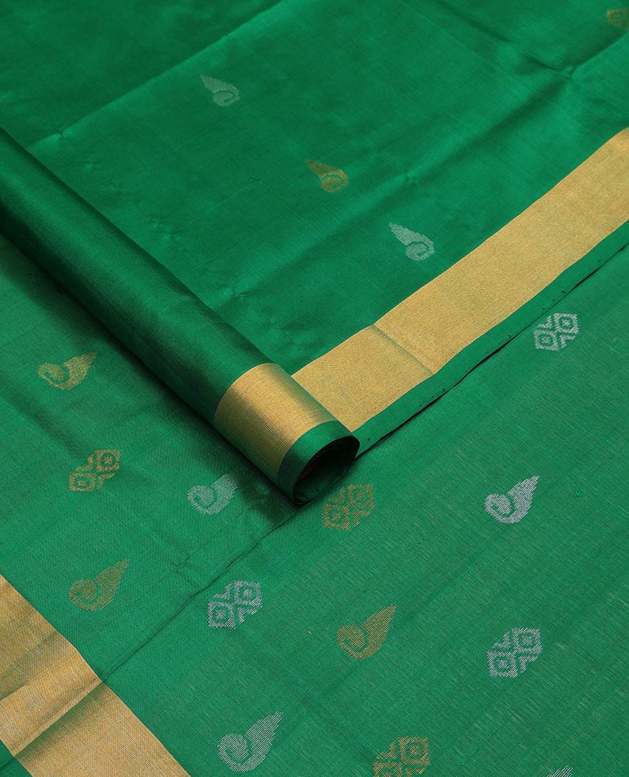 Green floral motifs uppada saree with self zari border & striped, floral design pallu