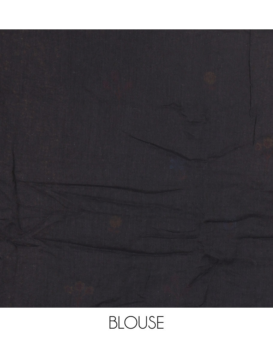 Borderless black floral motifs thread embroidered khadi mul cotton saree, floral motifs thread embroidered pallu, and a matching plain blouse