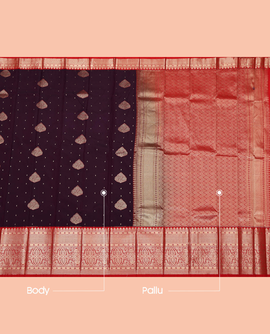 Wine Budget Silk Saree, Embellished with Zari Buttas on Its Body, Complemented by Contrast Traditional Zari Design Border, Grand Jaal Pallu, and Paired with a Contrast Blouse