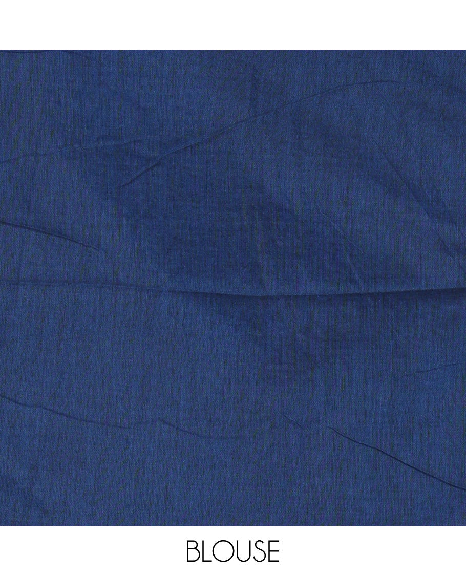 Borderless blue vertical striped khadi cotton saree, contrast grey plain pallu & matching plain blouse