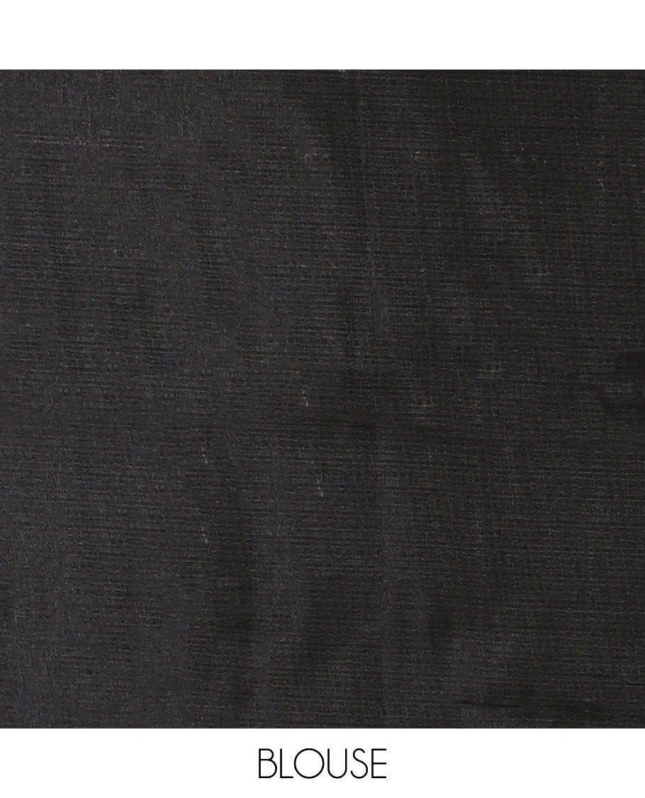 Black-base plain body khadi cotton saree with batik-style yellow-color radiant sunburst design on its border & pallu, plain black blouse