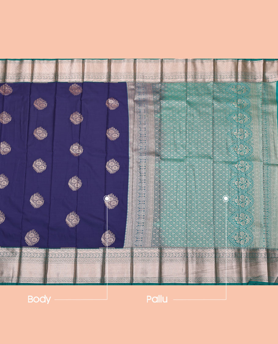 Blue Budget Silk Saree, Accentuated with Zari Buttas, Complemented by a Contrast Traditional Zari Border, Grand Jaal Pallu, and a Contrast Blouse