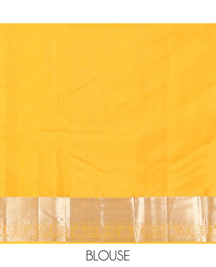 Yellow buttas kancheepuram silk saree with self border of intricate zari design border & floral design pallu