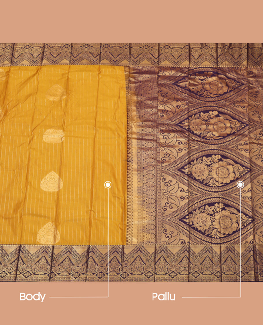 Mustard Budget Silk Saree, Elevated with Zari Buttas and Stripes, Complemented by a Contrast Traditional Zari Border, Intricately Designed Pallu, and a Contrast Blouse