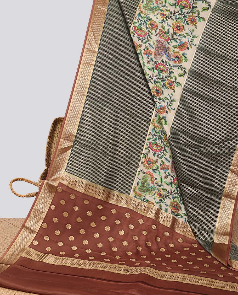 Multi color floral vine , checked mysore silk saree with contras checked border & floral motifs pallu