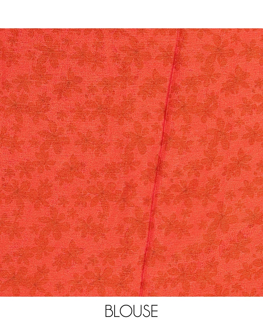 Borderless red plain design viscose saree, flower motifs printed matching blouse