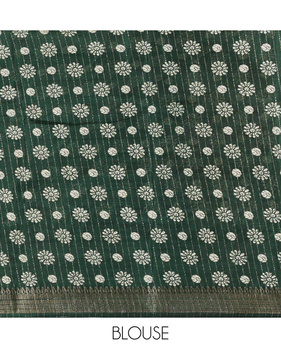 Green golden zari striped & batik-printed dola silk saree, traditional zari border & batik printed pallu & matching batik printed blouse