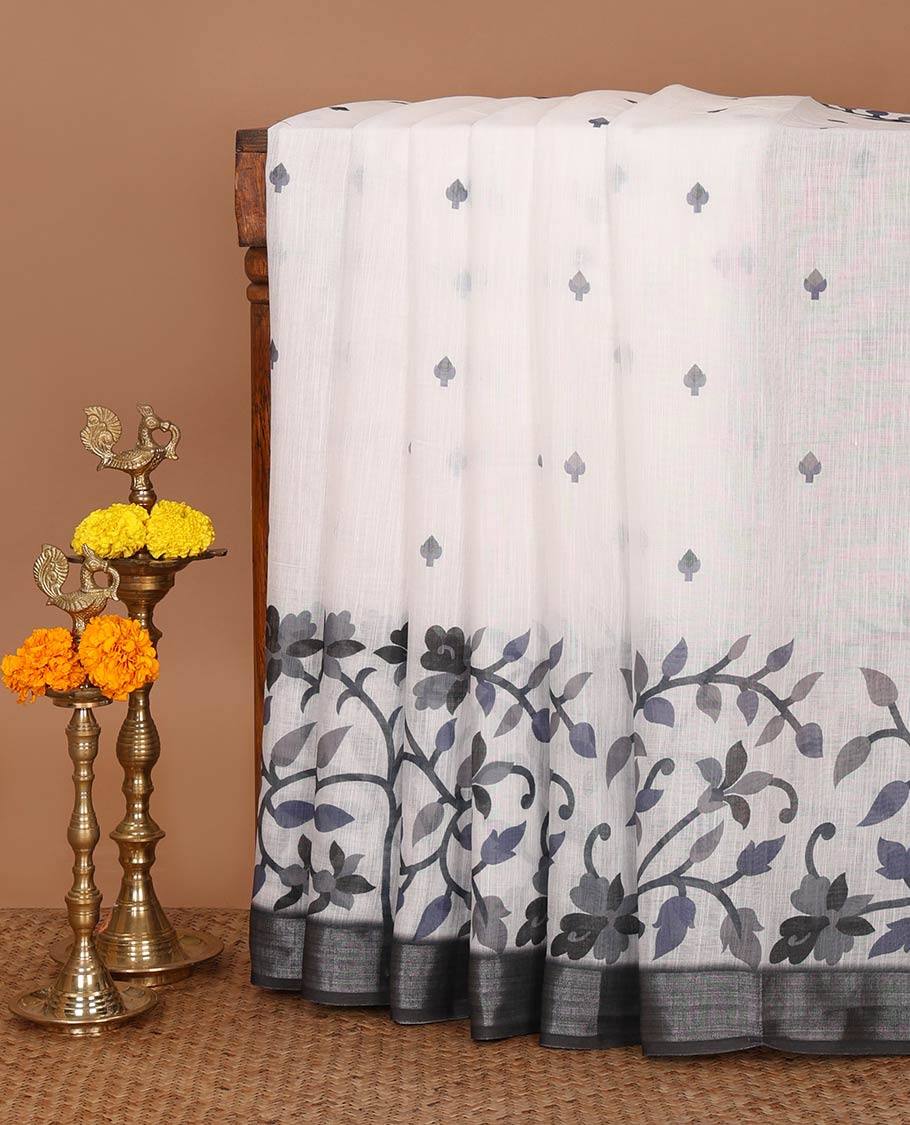White bud-motif & floral vine printed linen cotton saree, contrast silver zari border, floral vine print pallu & floral print blouse