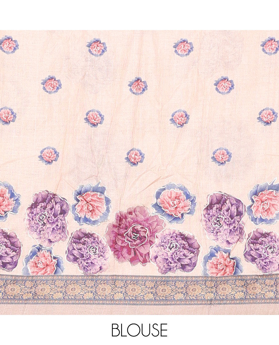 Cream floral printed art silk half saree, contrast traditional design border, jacquard blouse & floral printed dhavani