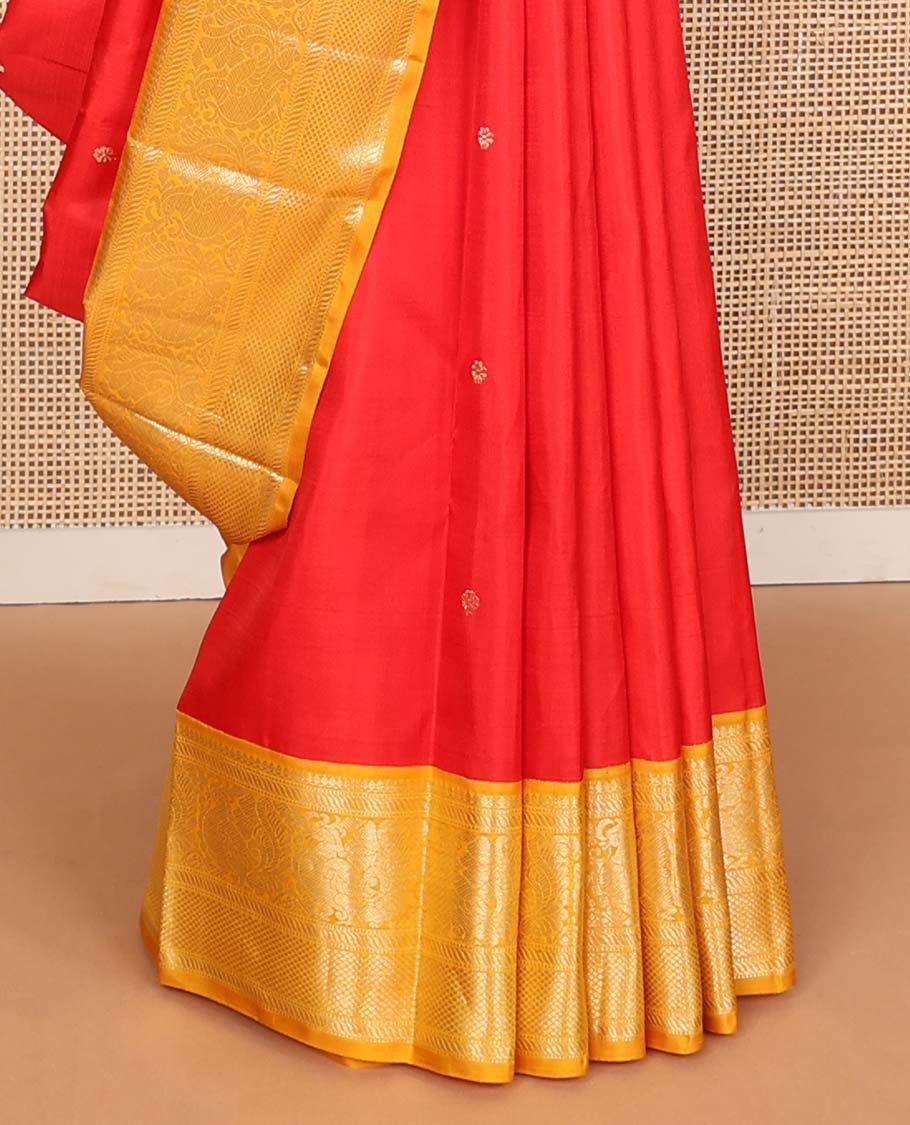 Red zari buttas Kanchipuram korvai silk saree, contrast neer korvai border of thilakam mokku, muthu, puli nagam, mayil and kuyil kann designs, and pallu of puli nagam designs