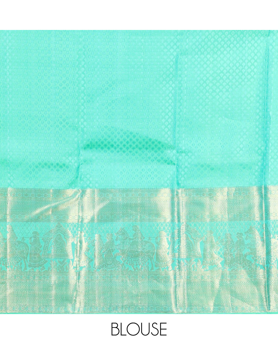 Turquoise Kanchipuram Wedding Silk Saree, Opulently Embellished with Floral Jaal Jacquard Design on Its Body, Highlighted by Zari Border of Diamond, Kuyil Kann, and Wedding-Theme Designs, Grand Jaal Pallu, and Paired with a Matching Blouse
