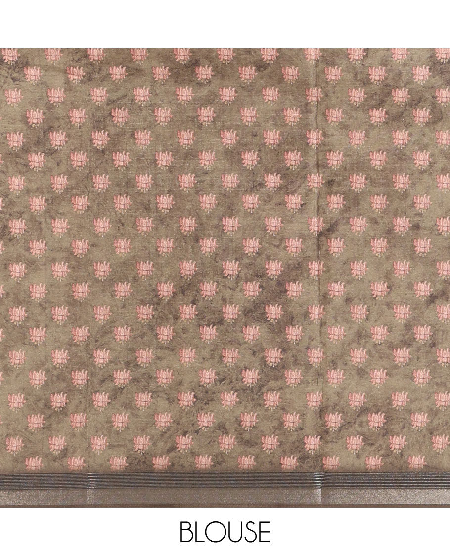 Light green kalamkari elephant, peacock, and floral printed semi-tussar saree, zari piping border, kalamkari motifs printed pallu, and contrast printed blouse