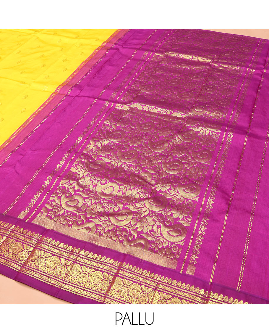 Yellow Kanchipuram Silk Saree, Mesmerized with Zari Buttas, Complemented by Contrast One-Sided Korvai Border of Banaras and Rettai Neli Designs, Pallu of Paisley and Floral Designs, and Comes Without a Blouse