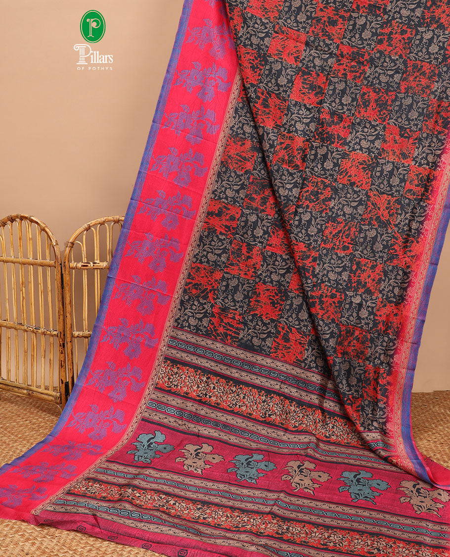 Black discharge print crackle silk saree with contrast border & discharge negetive print blouse