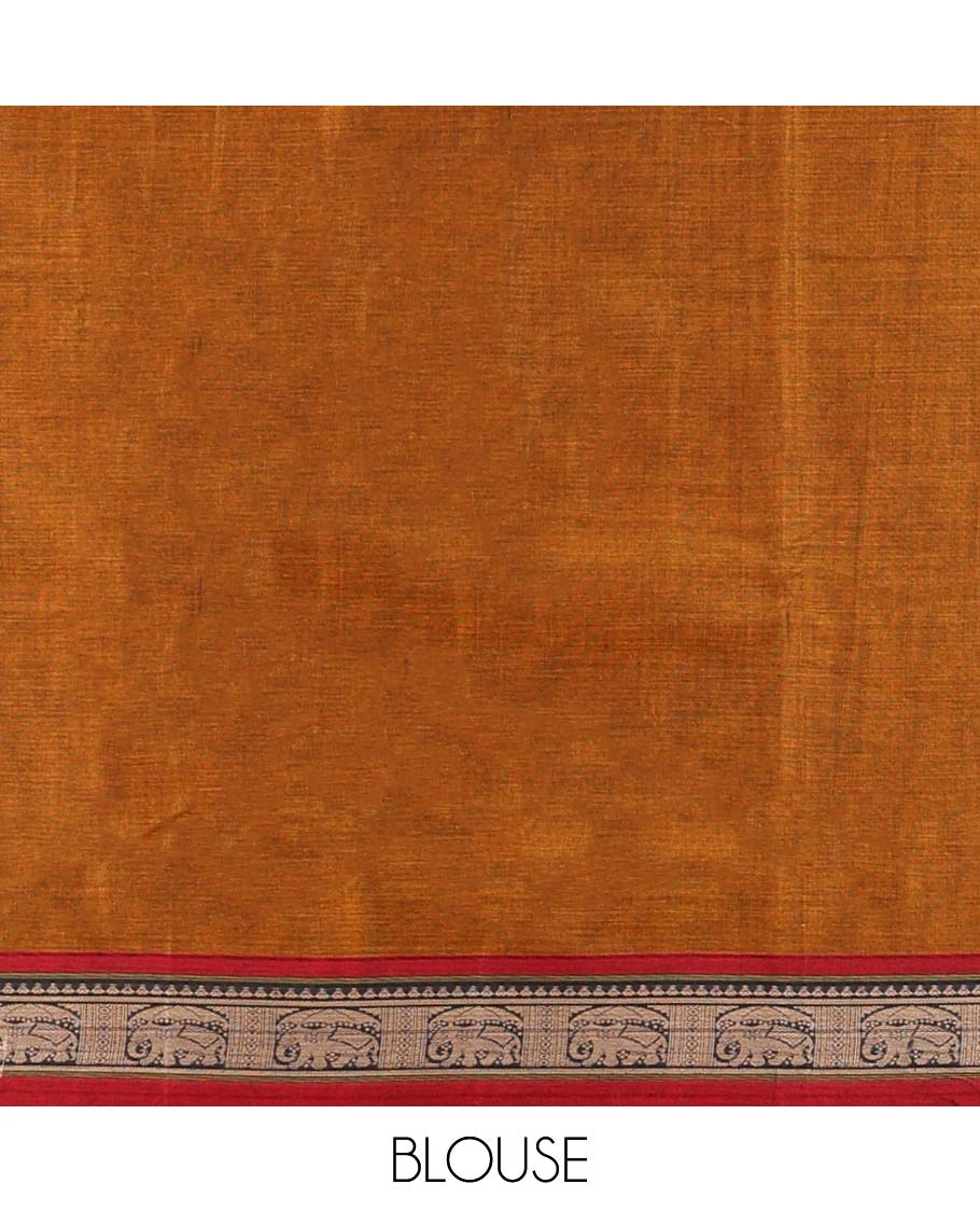 Brown plain design Narayanapet cotton saree, contrast traditional design border & striped pallu