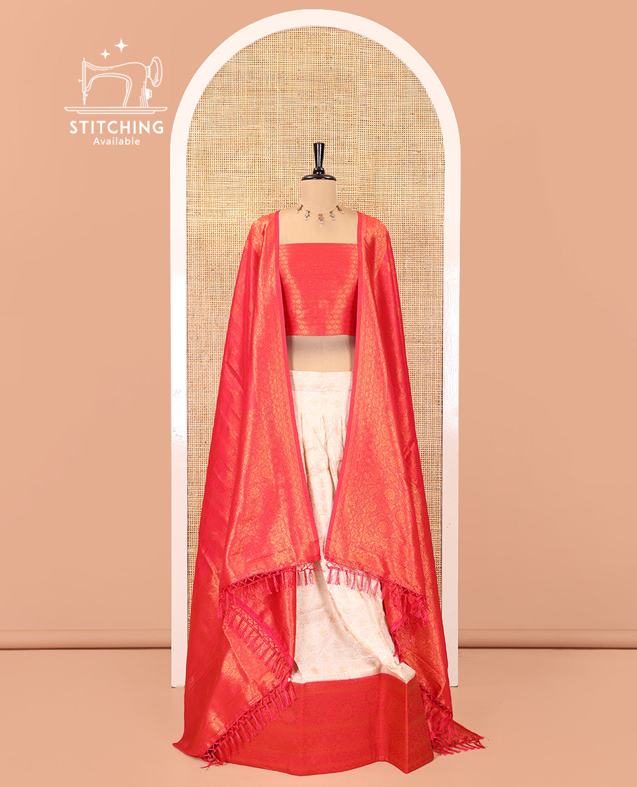 Cream-Red Banarasi Softy Half-Saree, Adorned with Jacquard, Contrast Traditional Border, Jacquard Blouse, Intricate Dhavani