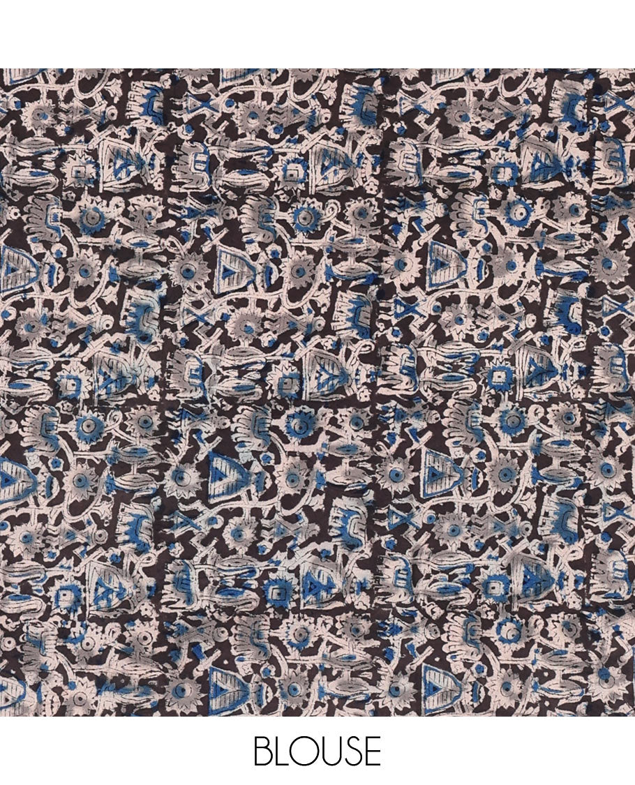 Borderless blue mirror embroidered South cotton saree with contrast kalamkari floral printed blouse