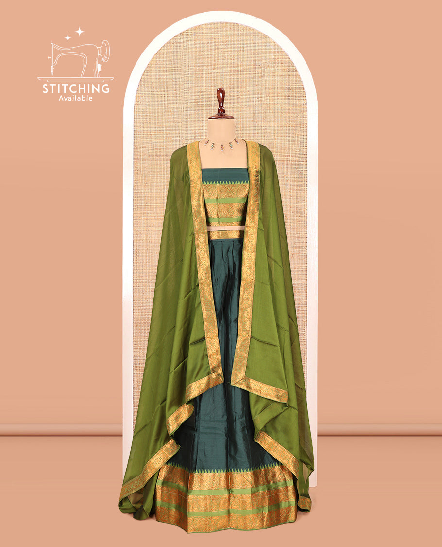 Bottle Green Semi-Banarasi Half-Saree Features Plain Skirt, Contrast Floral Creeper Zari Border, Matching Blouse, Contrast Dhavani