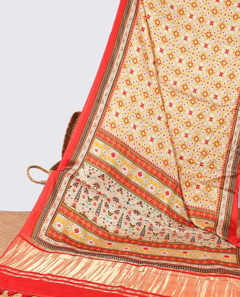 Yellow geometric design semi-banaras printed saree with contrast geometric border & intricate design pallu
